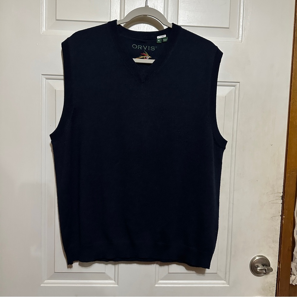 Orvis Men's Navy Blue V Neck Sweater‎ Vest 100% Merino Wool Soft Knit Size XL